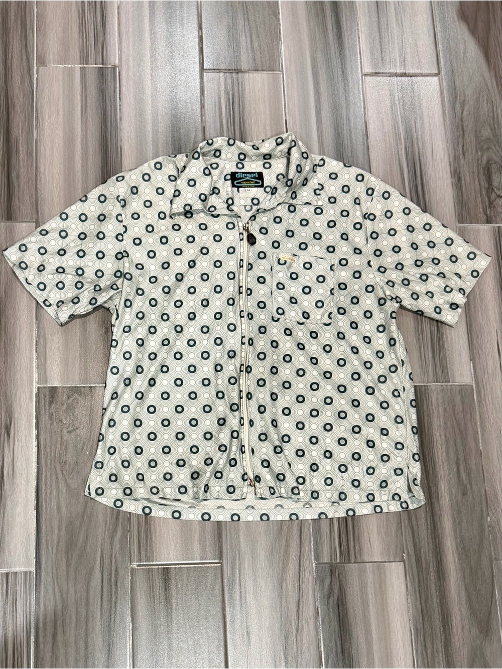 Diesel Grey Y2K Carsey Short Sleeve Zip-Front Shirt with Blue Circle Print